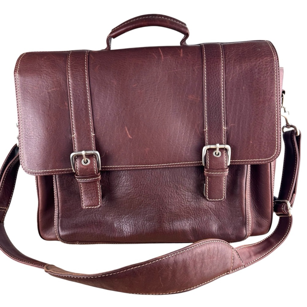 Chaps Ralph Lauren Messenger Briefcase Unisex Cherry Brown Leather Double Buckle